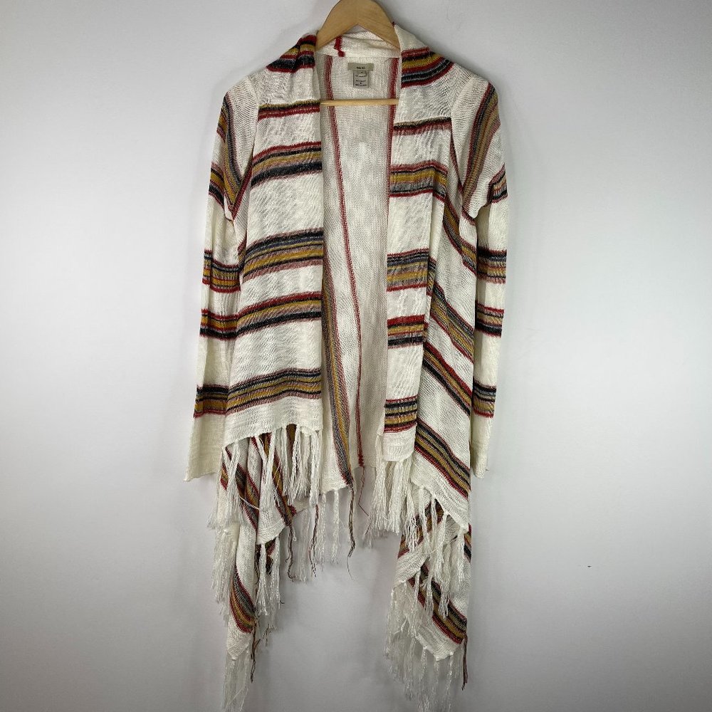 ESCIO Women Open Drape Front Fringe Hem Striped Cardigan